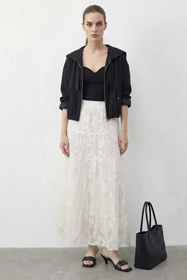 Women's Elastic Waist Self-Patterned Lined Midi Ecru Skirt