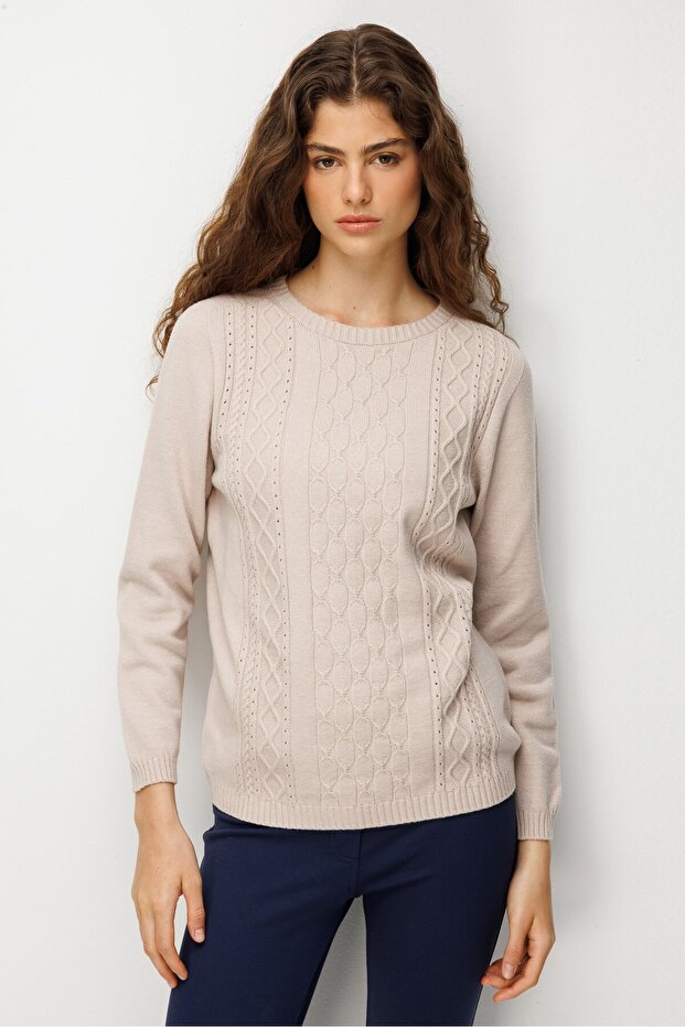 Women's Crew Neck Pullover Sweater Beige