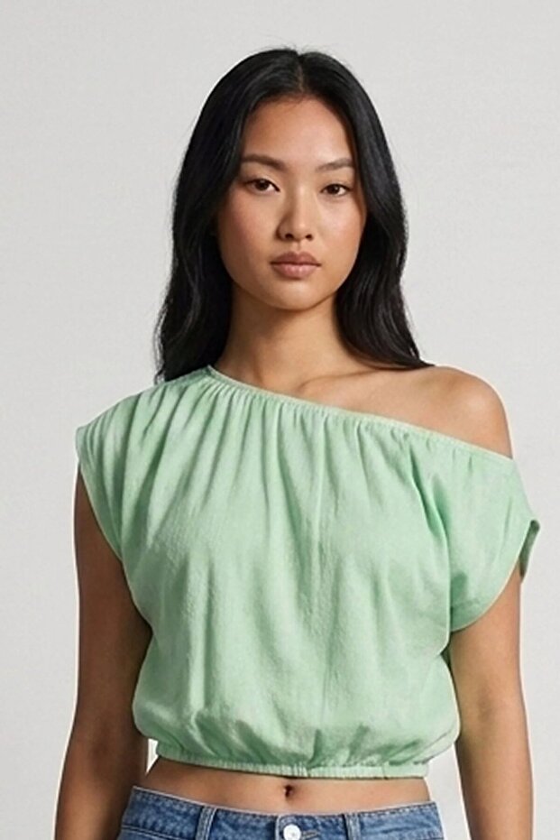Women's Gathered Boat Neck Mint Asymmetrical Stylish Blouse