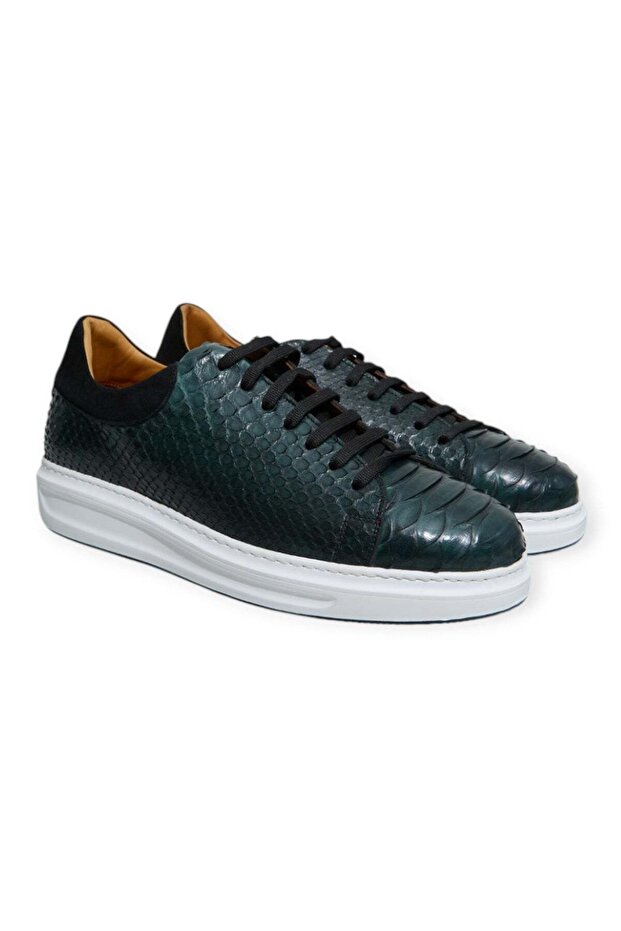 Green Color Lace-Up Genuine Python Leather Men's Shoes