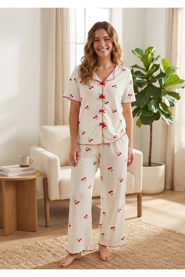 Women's 100% Cotton Alaçatı Bow Detailed Short Sleeve T-Shirt Pants Pajama Set