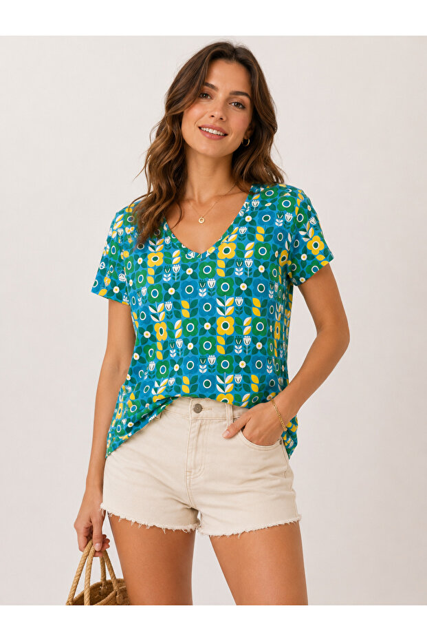 Women's V-Neck Short Sleeve Floral Pattern T-Shirt