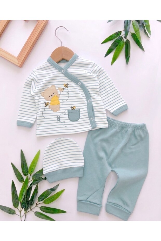 Baby Boy Striped Teddy Bear Printed Hat 3-Piece Newborn 0-3 Months 100% Cotton Bodysuit Set