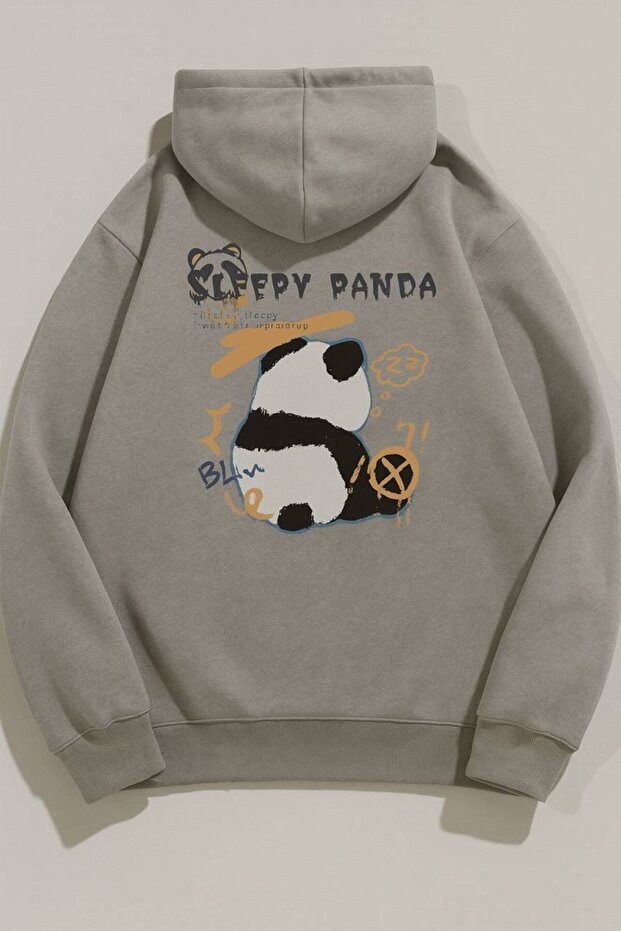Unisex Oversize 3 Thread Yarn Kangaroo Pocket "Cute Panda" Printed Hooded Sweatshirt