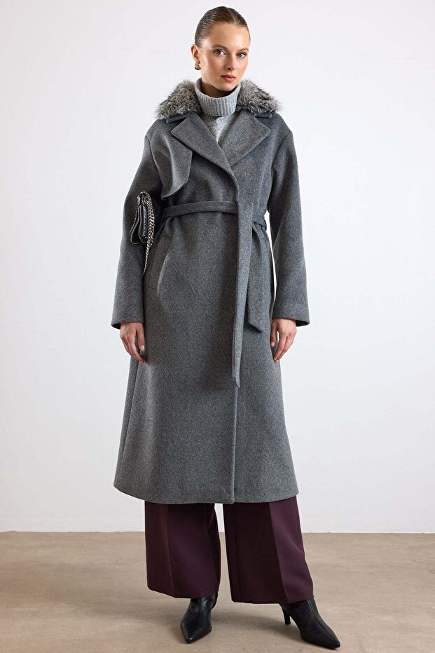 Oversize Detachable Fur Low-Sleeve Coat Dark Gray 3178