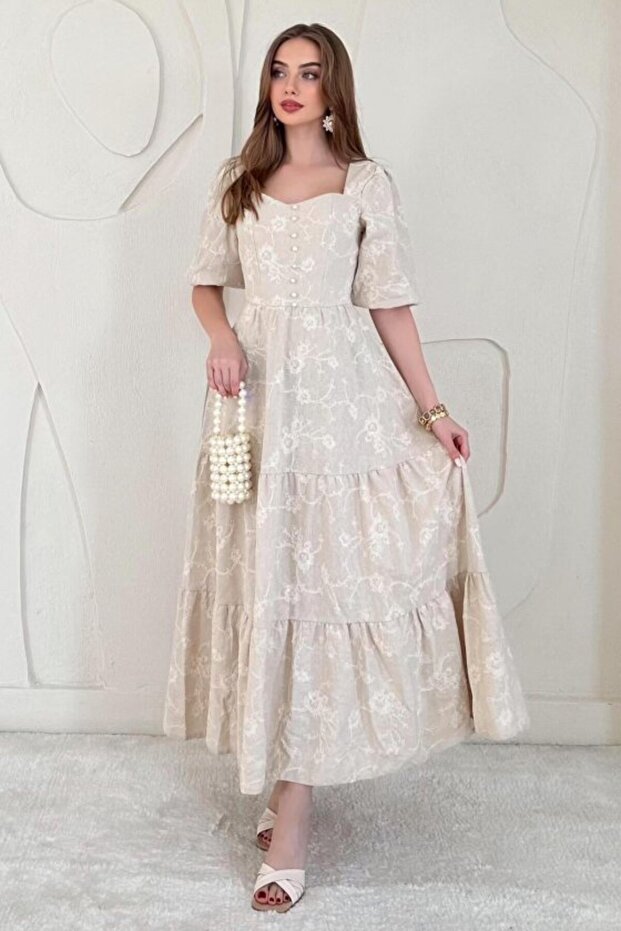 Beige Balloon Sleeve Embroidered Dress