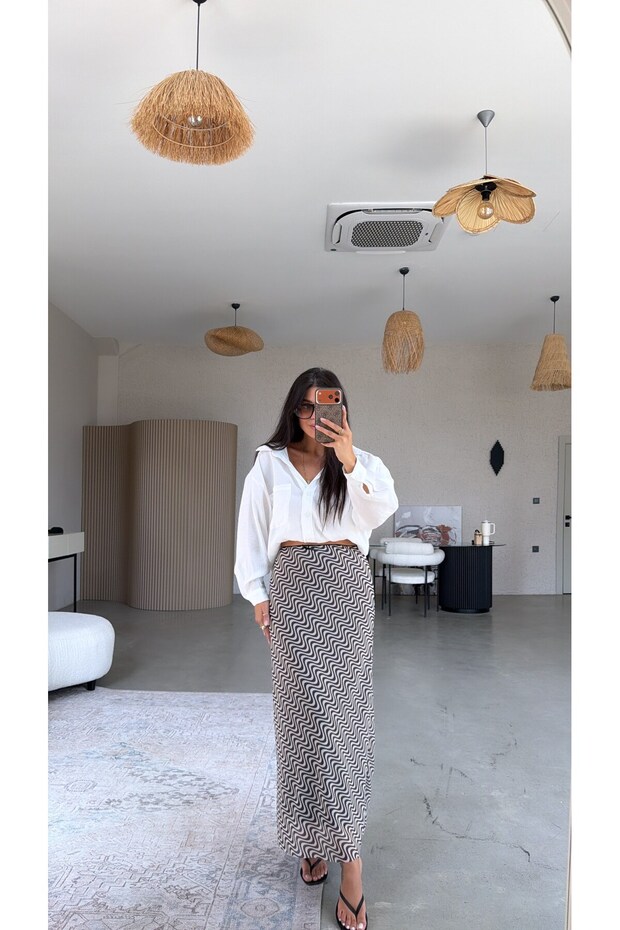 Brown Zigzag Patterned Lined Tulle Skirt