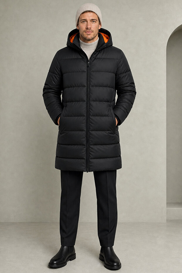 Men's Black Water and Wind-Resistant Hooded, Lined Long Winter Puffer Coat & Parka