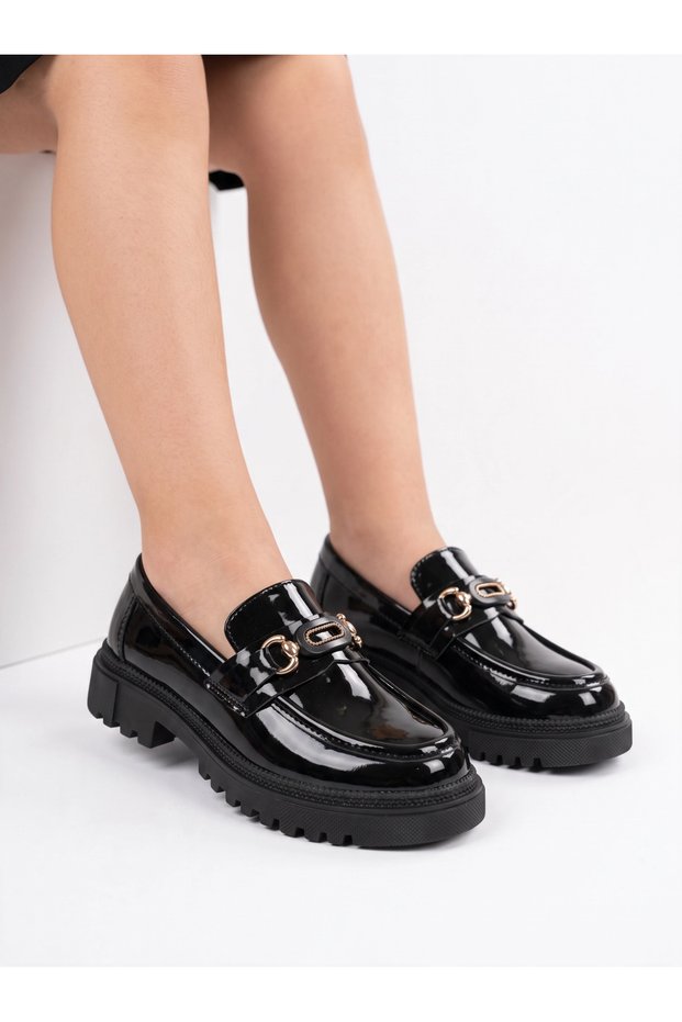 Girls' Patent Leather Loafer Shoes with Gold Buckle, Stylish, Classic, for Daily and Special Occasions