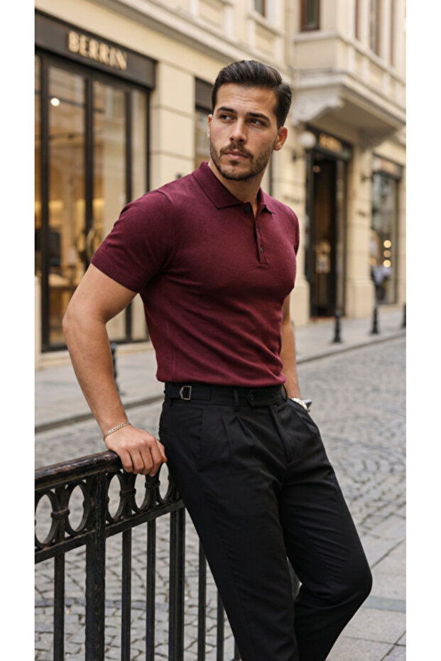 Men's Button Collar Short Sleeve Cotton Knitwear T-Shirt