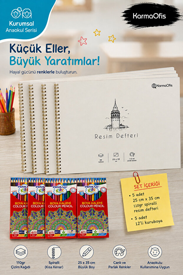 Kurumsal Anaokul Picture Notebook and 12-Piece Dry Paint Set | 5-Pack