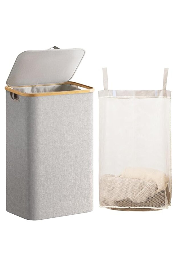 Laundry Hamper with Lid,120L Large Laundry Basket with Bamboo Handles and Removable Inner Bag, Collapsible Dirty Clothes Hamper Laundry Bin for Bathroom, Bedroom,Dorm Laundry Room(Light Grey)