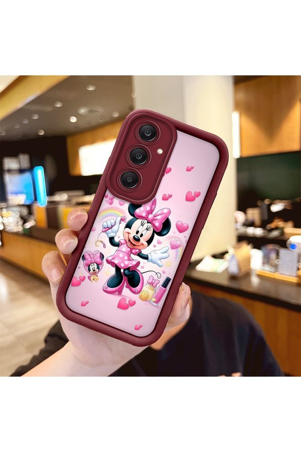 Samsung Galaxy A25 Compatible Case Camera Protector Minnie Pattern Burgundy Lover Couple Silicone Phone Case