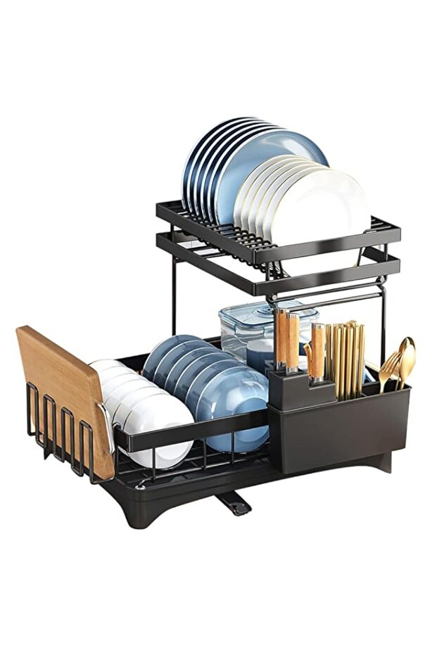 Supvox® Dish Drying Rack, 2 Tier Dish Racks Carbon Steel, Durable, Rust-Proof, Detachable Large Capacity Dish Drainer Organizer with Cutlery & Removable Cutting Board Holder for Kitchen Counter
