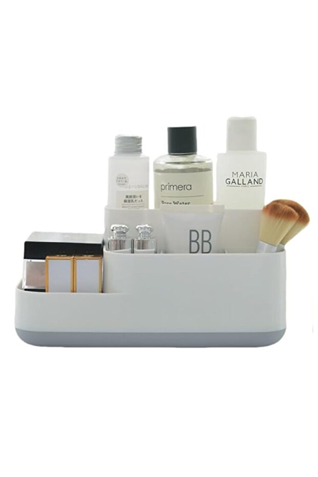 5-Compartment Bathroom & Kitchen Organizer, Toothbrush Holder with Cutlery Storage Rack - Countertop Sink Organizer for Toothpaste, Vanity, Plastic Gray