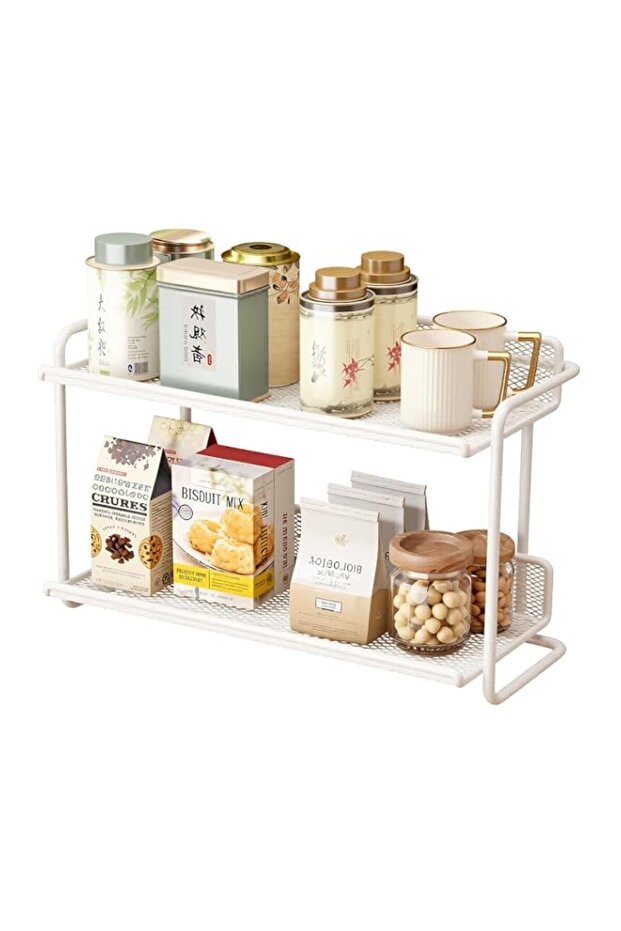 2-Tier Countertop Organizer for Kitchen Bathroom, Spice Rack & Coffee Bar Organize, Rust-Resistant Shelf for Pantry Counter (White)