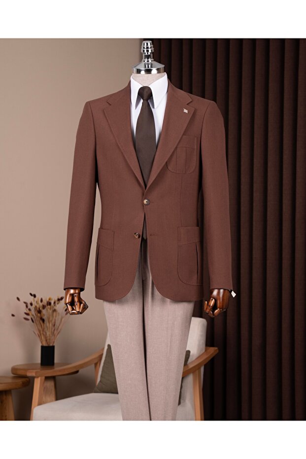 Slim Fit Men's Mono Collar Pocket Sports Jacket Tan T20144-24