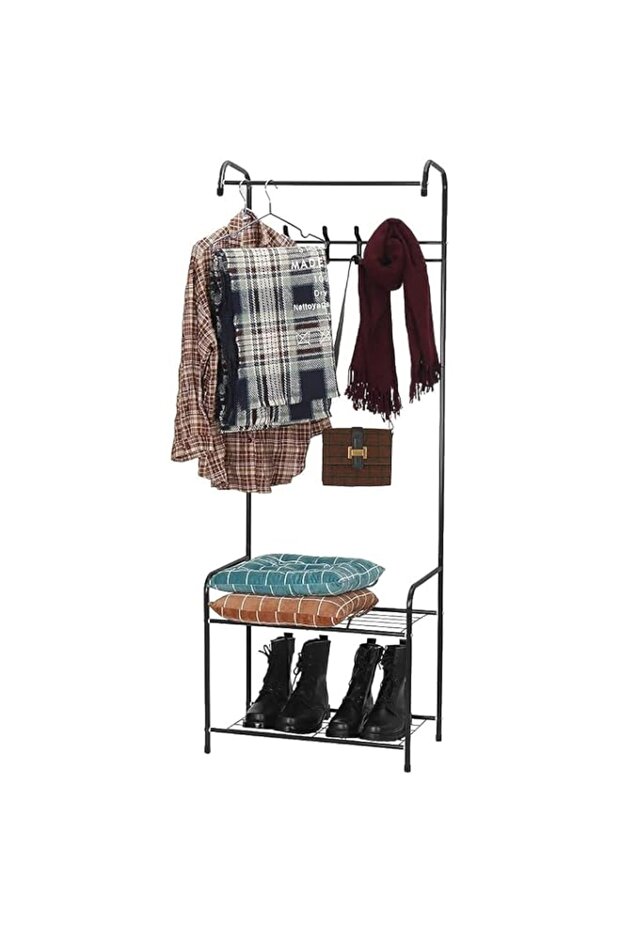 Coat Rack Shoe Rack, Entryway Hall Trees Storage Shelf with 2 Mesh Shelves, Storage Shelf Coat Stand with Hanging Bar and 4 Hooks Easy Assembly