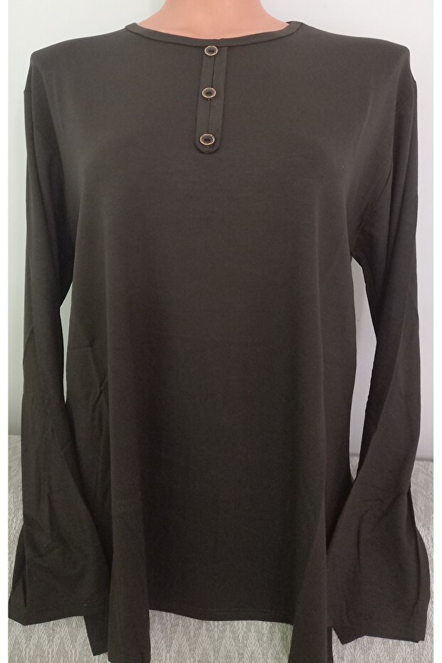 Er Clothing Combed Cotton Blouse Long-Sleeve Crew Neck Coffee
