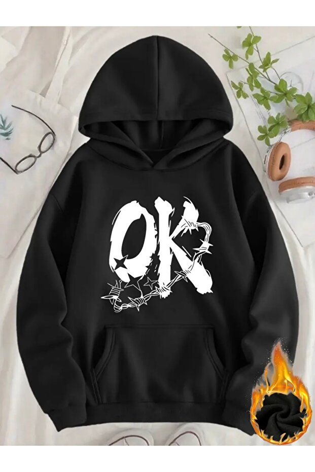 Star-Embellished Arrow Printed Oversized Unisex Women'S/Men's Hooded Sweatshirt