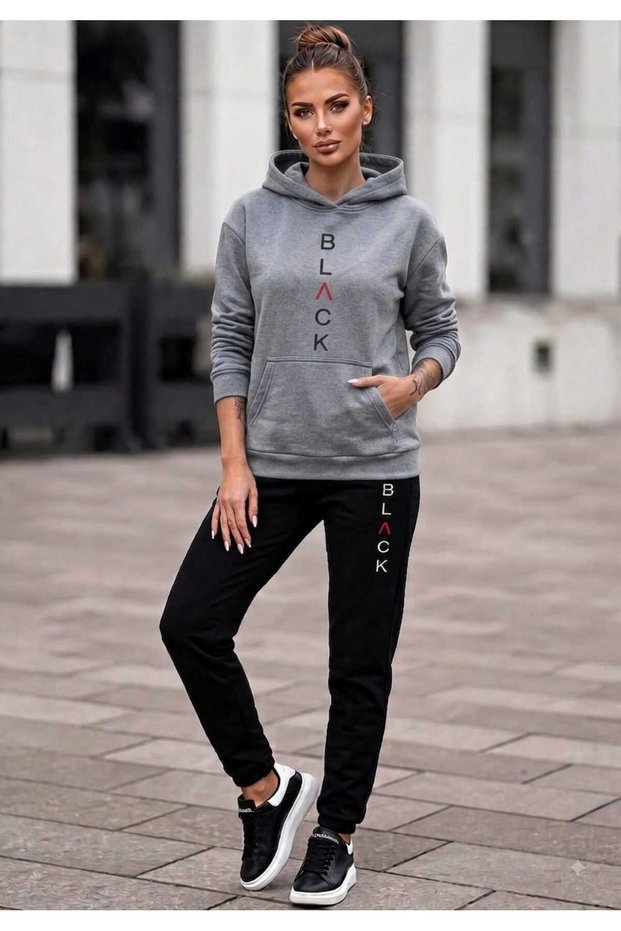 Hooded Sweatshirt 2-Piece Combination Winter Shardooned Black Printed Women's / Men's Unisex Model