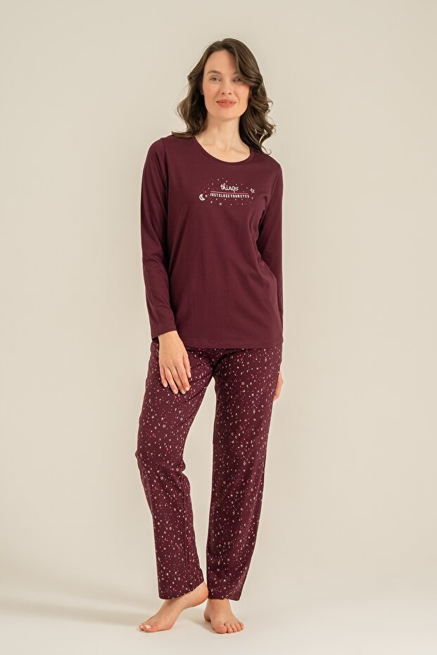 Women'S, Burgundy, Patterned, Long Sleeve Pajama Set (with Socks as a Gift)