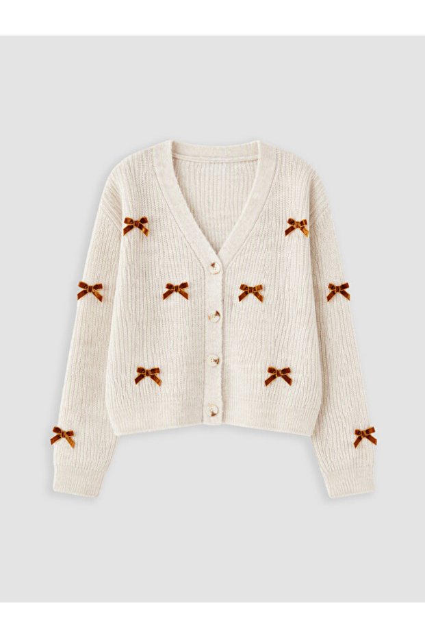 Rmz Gi̇yi̇m Farkiyla Bow Detailed V-Neck Knitwear Cardigan for Girls