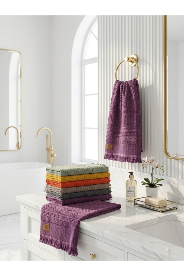 Set of 6 Tasseled Jacquard Avant-Garde Hand & Head Towels | 50X90 cm | Cotton Ultra Absorbent | Gift Dowry Box | Orange - Purple - Water Green - Gray - Mustard - Blue