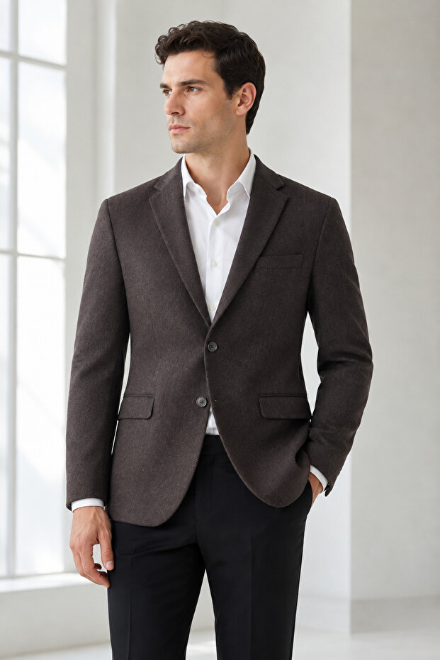 Bi̇han 4 Drop Cashmere Double Pocket Single Jacket-Brown