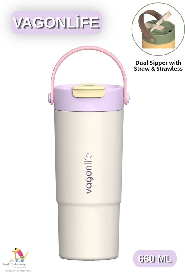 660 ml Single Lid Double Drink Stainless Steel Thermos with Straw / Without Straw with Handle