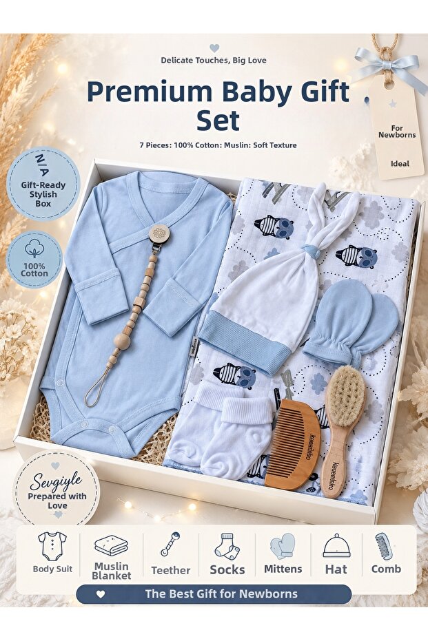 Premium Baby Boy Gift Set - Bodysuit, Gloves, Socks, Hat, Pacifier Strap, Muslin and Comb