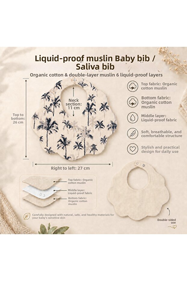 Liquid-Proof Muslin Baby Feeding Bib Palm Leaf Double-Sided Drooling Bib 27X26 cm