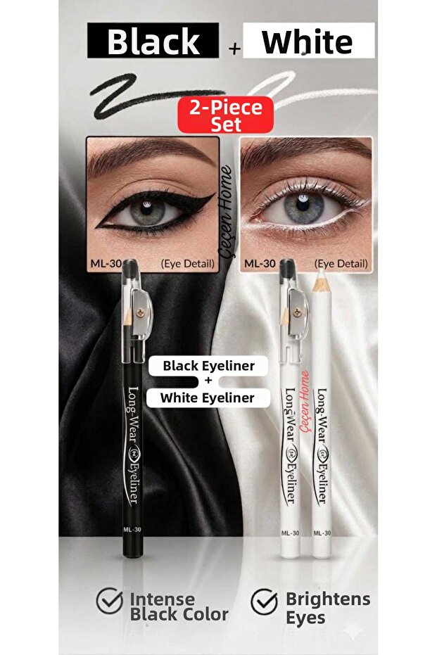 2-Piece White and Black Eyeliner Set with Sharpener, Waterproof Black Eyeliner + White Eyeliner Long-Lasting Eyeliner with Sharpener, White Eyeliner, Eyeliner with Opener