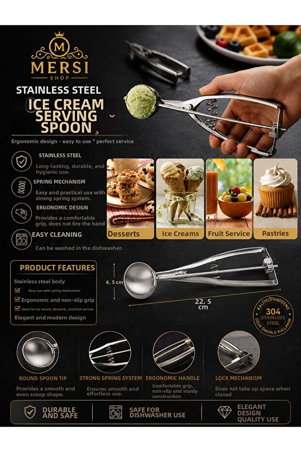Stainless Steel Ice Cream Serving Spoon Ergonomic Ice Cream Scoop