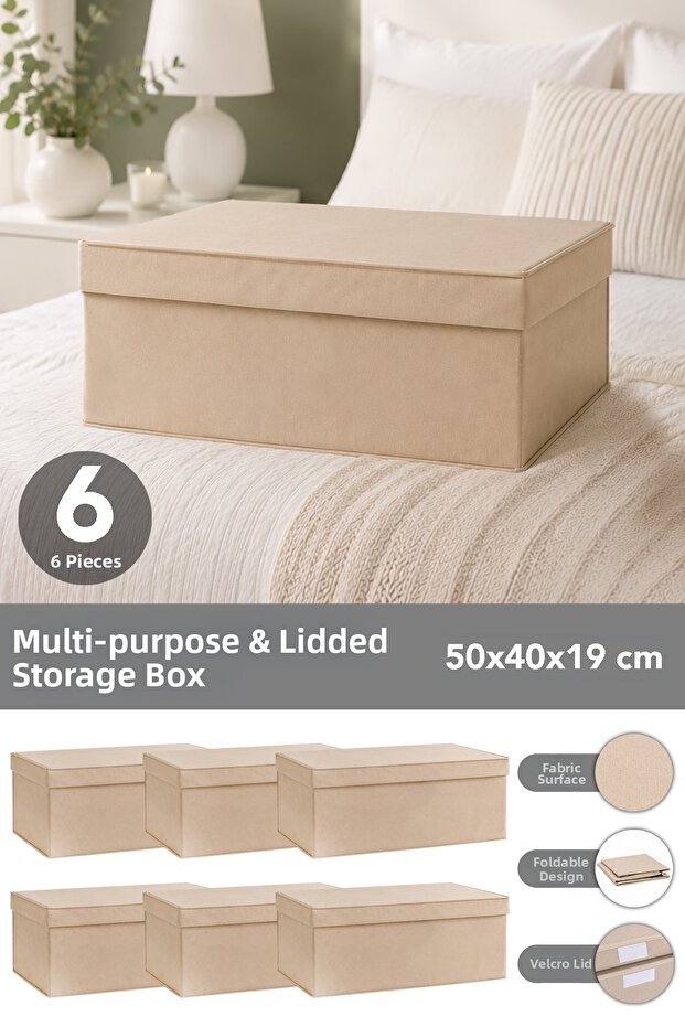 6-Piece Organizer Storage Box Set - Multi-Purpose Storage Box with Lid 50X40X19Cm Beige