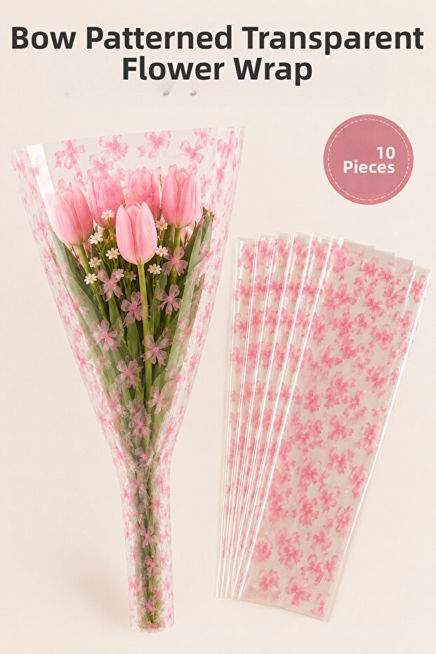 10-Piece Ribbon Patterned Transparent Flower Packaging 25X50 cm Bouquet Packaging Bag Pink Printed