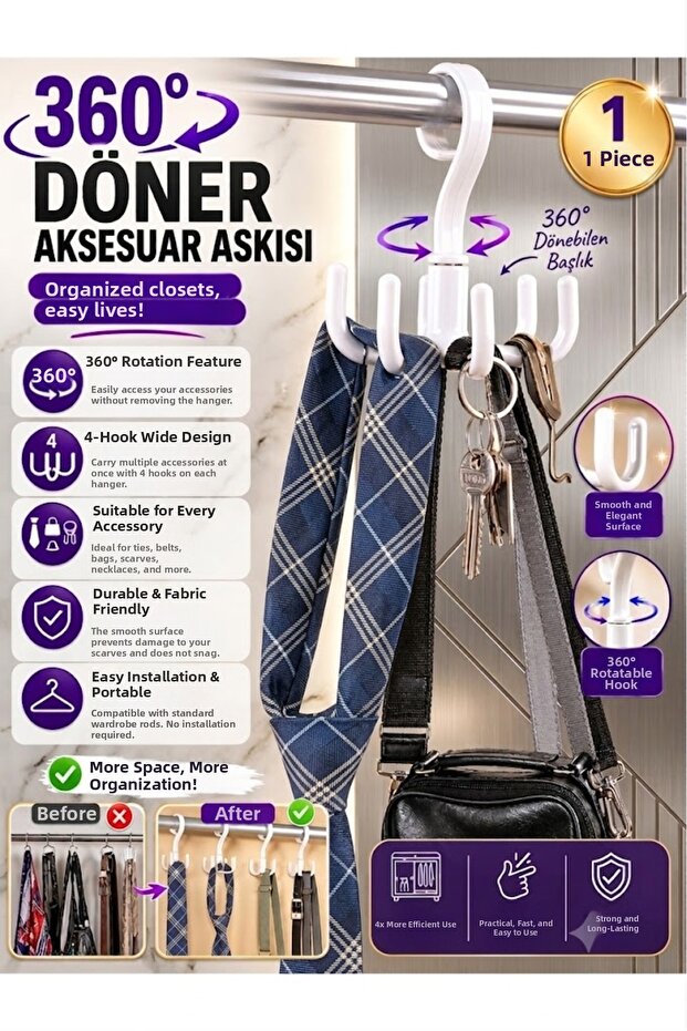 360-Degree Rotatable Multi-Purpose Closet Accessory Hanger with 4 Hooks - Tie, Belt, Bag Organizer