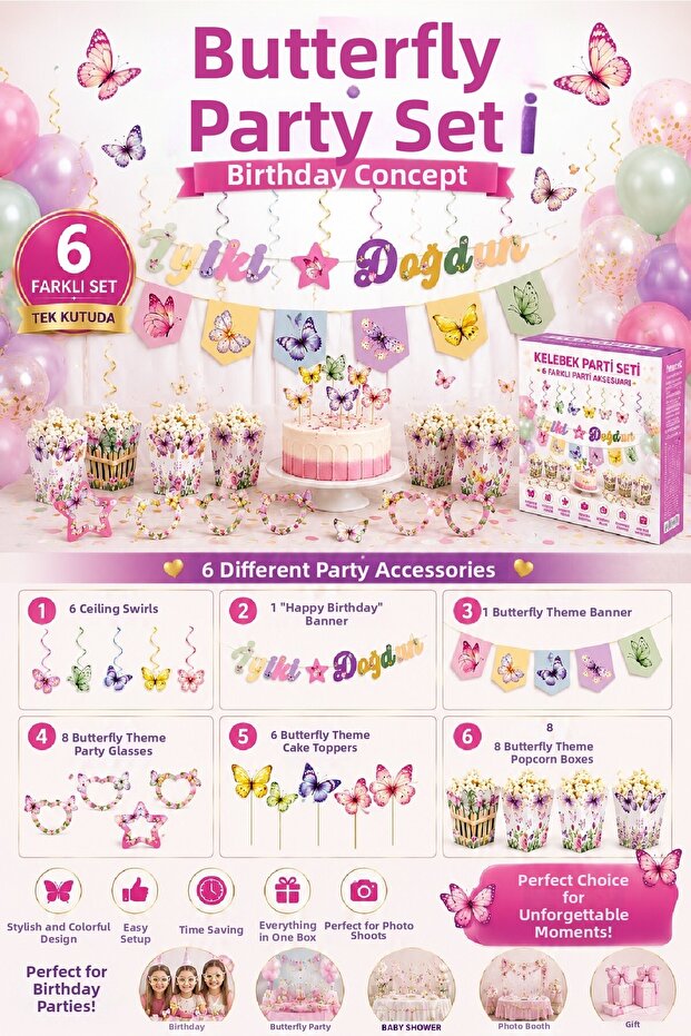 Butterfly Party Set 6 Pieces | Birthday Decorations | Happy Birthday Banner | 3D Glasses | Cake Decoration | Egyptian Box