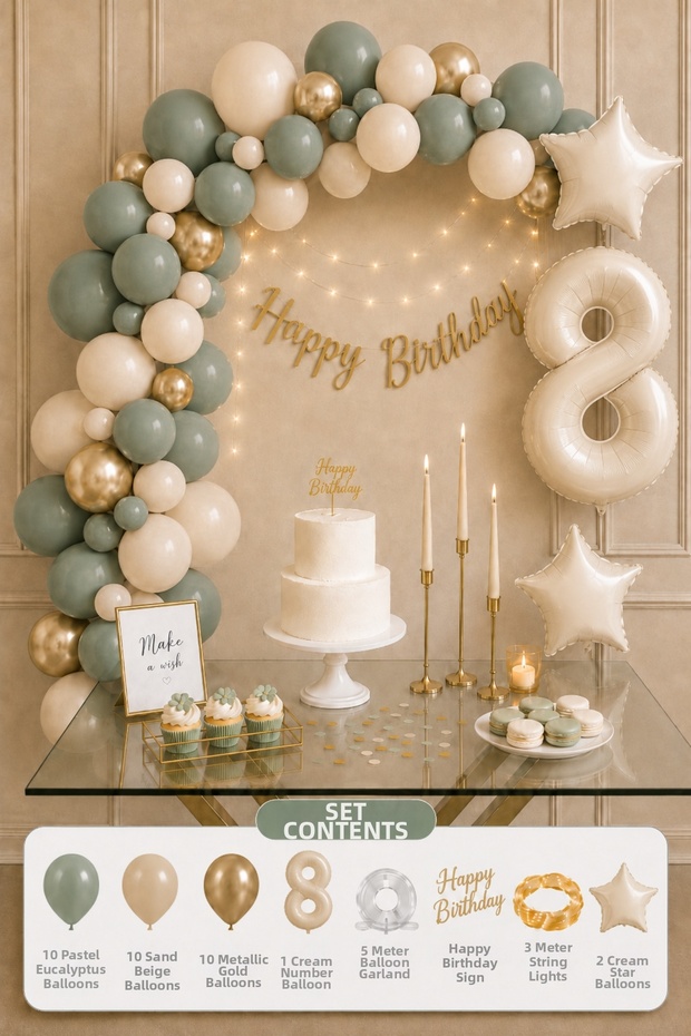 8 Year Old Birthday Decoration Set Eucalyptus Sand Beige Gold Balloon Cream Number Star