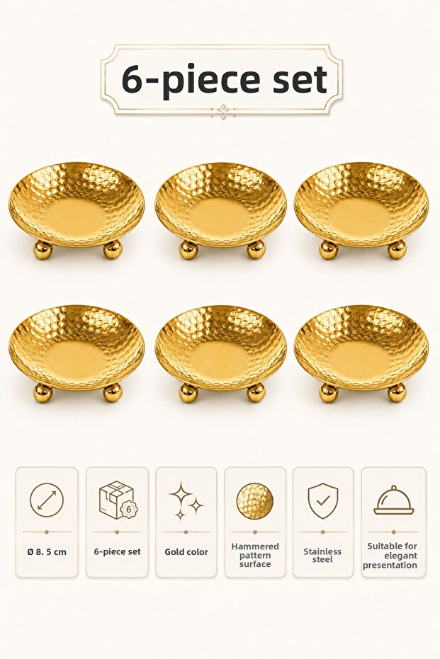 6-Piece Gold Stainless Steel Turkish Delight Bowl, Snack Bowl, Coffee Side Serving Plate, 8.5 cm