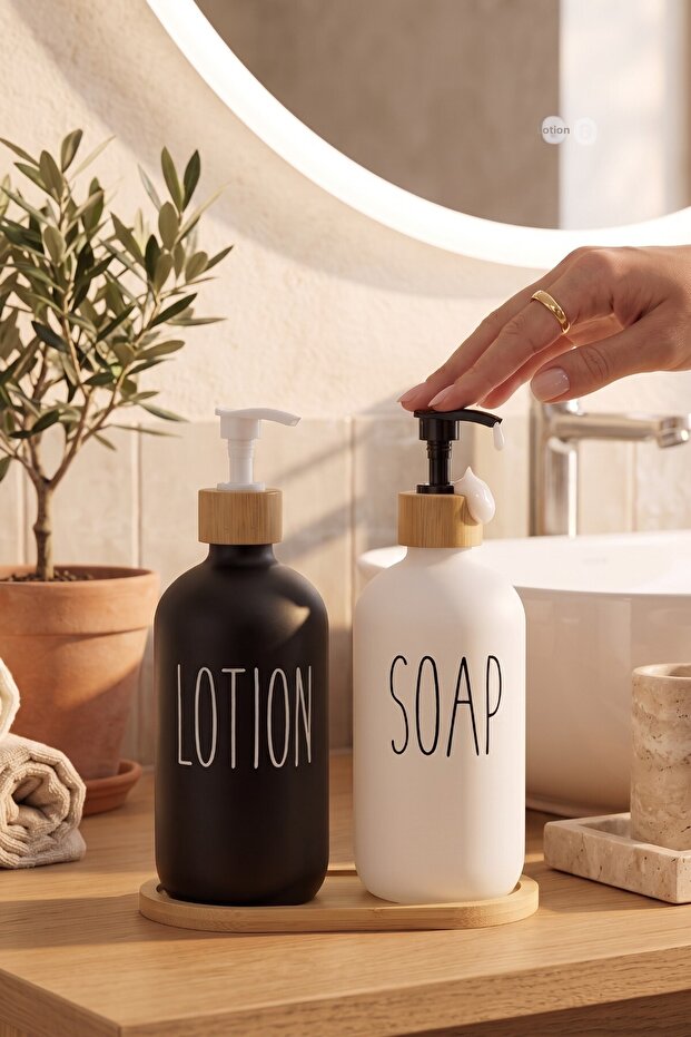 Glass Liquid Soap Dispenser Set with Bamboo Stand 2-Piece – Kitchen Hand and Dish Detergent Dispenser 500 ml