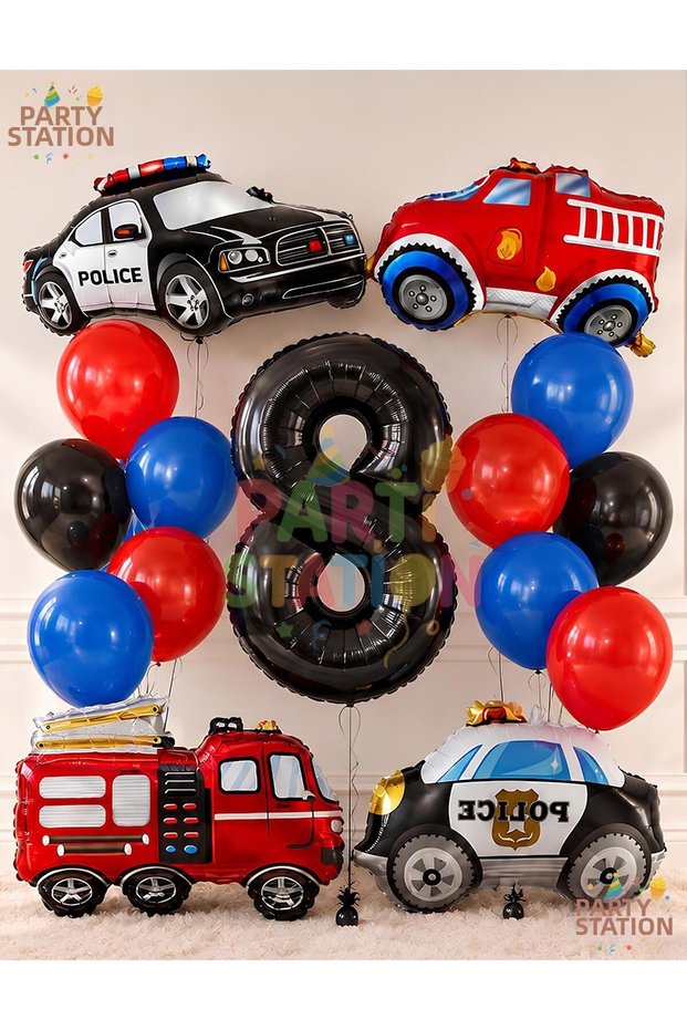 Police & Fire Truck Balloon Set 8 Years Old - 15 Piece Police & Fire Truck Birthday Set