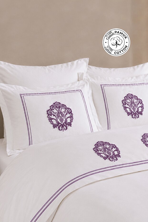 100% Cotton Embroidered Duvet Cover Set Double 6 Piece Sofia Cream Lilac
