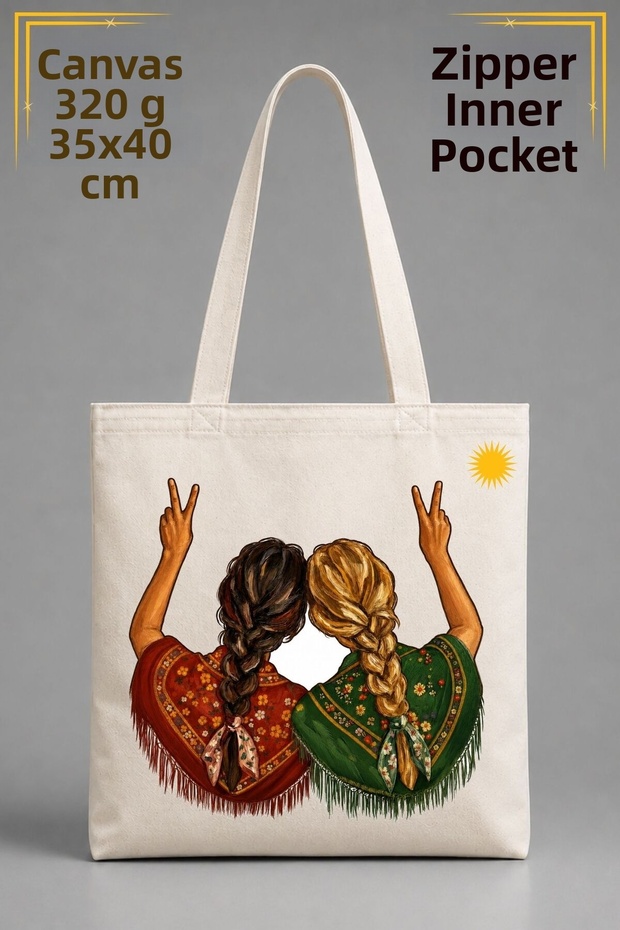 Two Women's Designs with Braided Hair, Inner Pocket, Raw Colored 320 Gr Canvas Cloth Bag | 100% Cotton