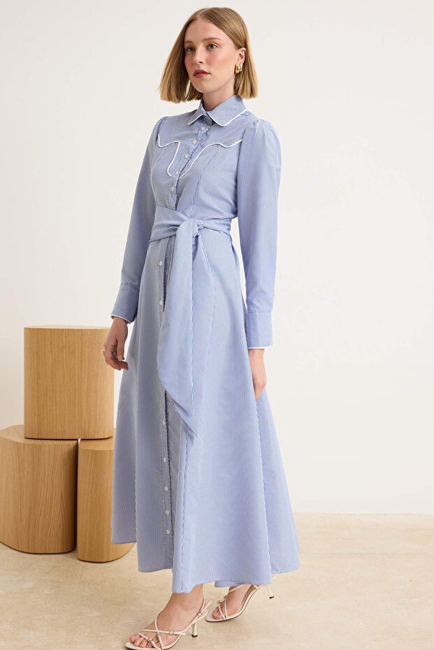 Açık Mavi Astarsız Çizgili Dokuma Terrycotton Tesettür Elbise TCTSS26EB00106 - 2