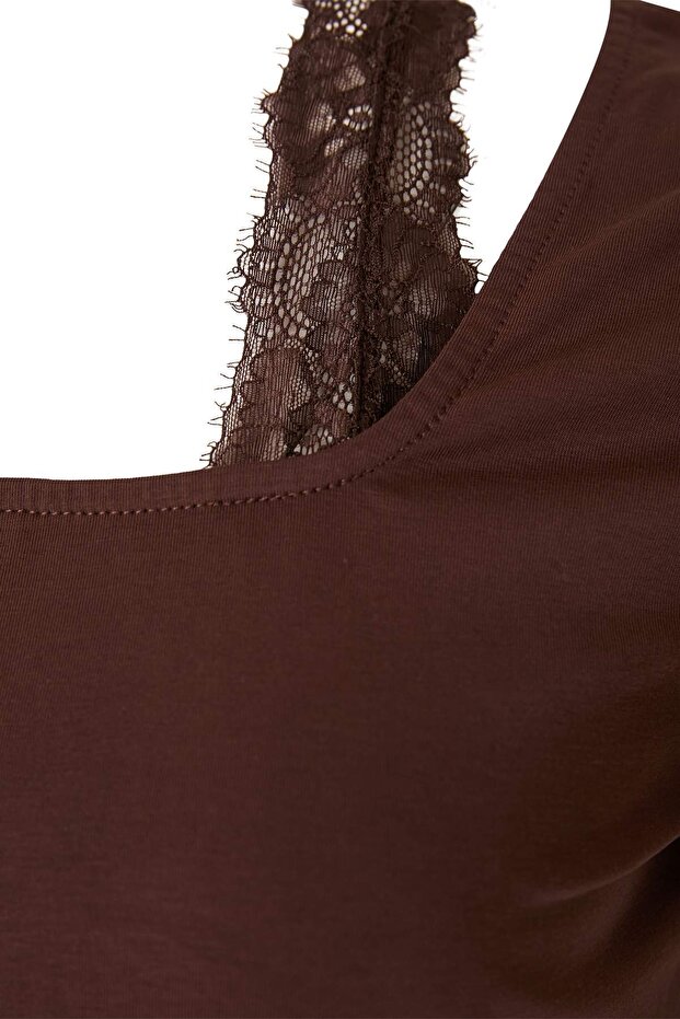 Kahverengi Dantel Detaylı Örme Büyük Beden Bluz TBBSS26AF00195 - 6