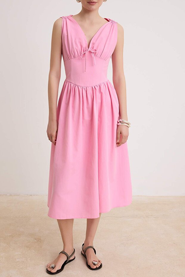 Pembe Bel Detaylı Poplin Midi Dokuma Elbise TWOSS26EL00917 - 3