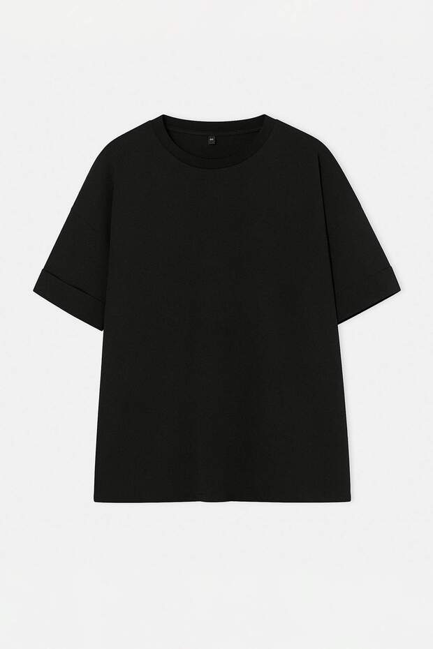 Siyah Duble Kol Geniş Kesim Asimetrik Boyfriend %100 Pamuk Örme T-Shirt TBBSS26BF00066 - 4