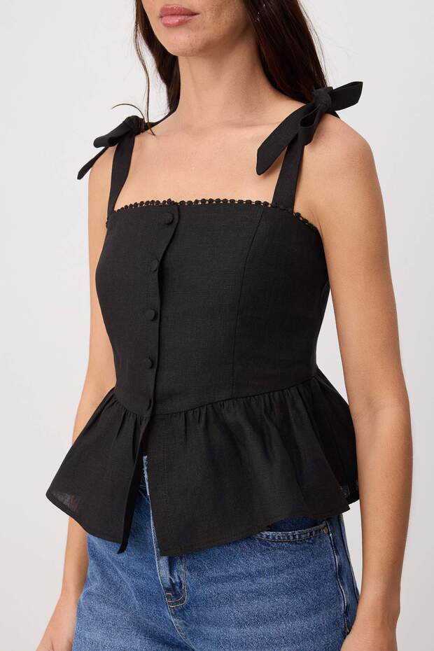 Siyah %100 Keten Aksesuar Detaylı Peplum Bluz TWOSS26BZ00681 - 3
