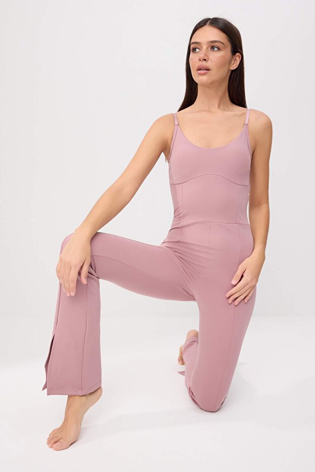 Gül Kurusu Ekstra Toparlayıcı Ayarlanabilir İp Askılı Destekli Yoga Örme Spor Tulum THMSS24TU00005 - 1